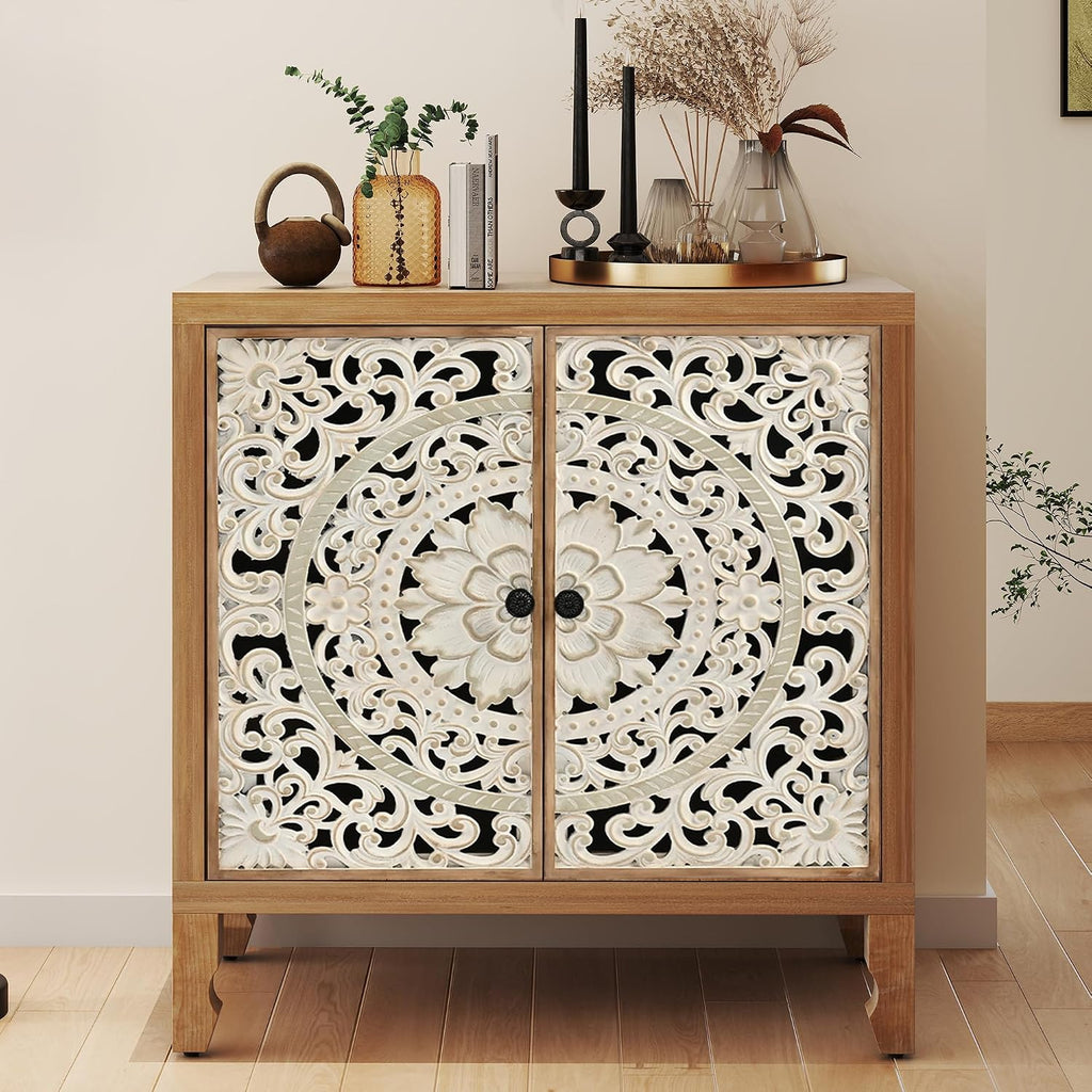Buffet Cabinet with Storage, Accent Cabinet with 2 Carved Doors, Solid Wood Sideboard with Adjustable Shelf, Vintage