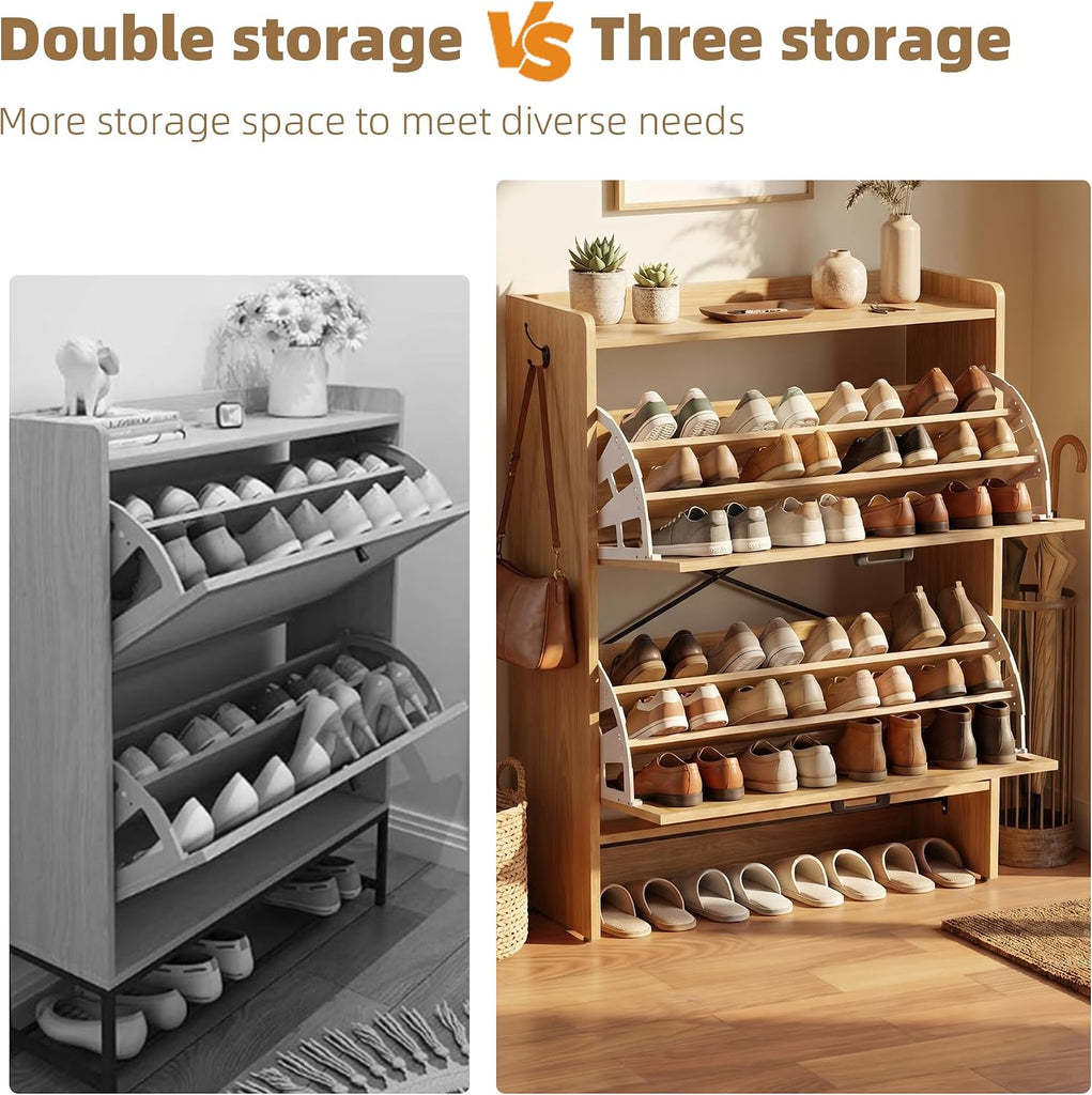 Shoe Storage Cabinet , 2 Flip Drawers with 3-Tier Rack Each, 6-Layer Total Storage, Narrow Shoe Cabinet with Linen