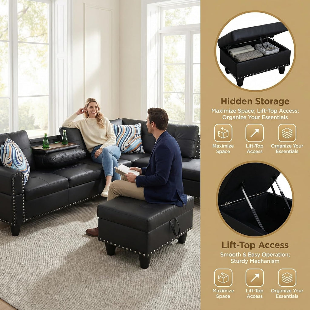 L-Shaped Sectional Sofa with Movable Chaise & Storage Ottoman
