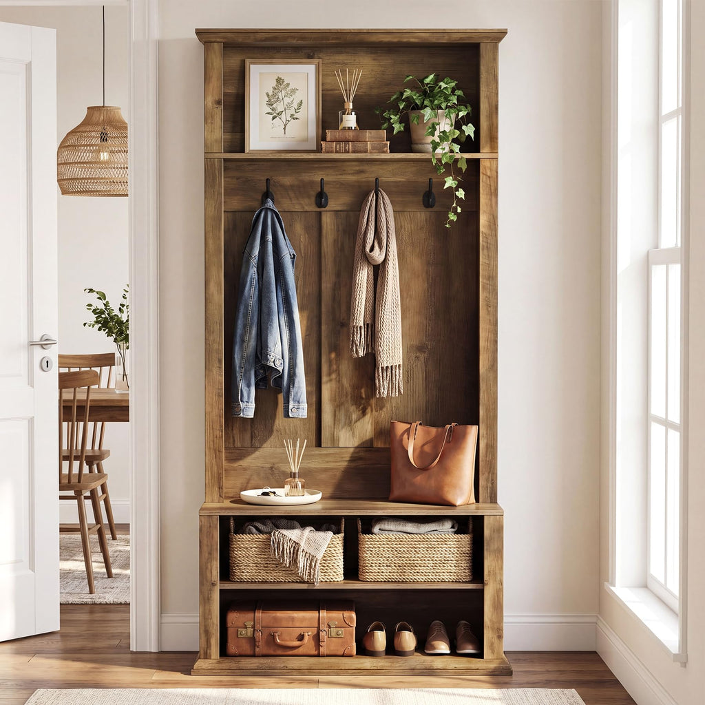 Hall Tree with Bench and Shoe Storage, 70.89" Tall Hall Tree with Coat Hooks, Open Shoe Shelves and Top Display