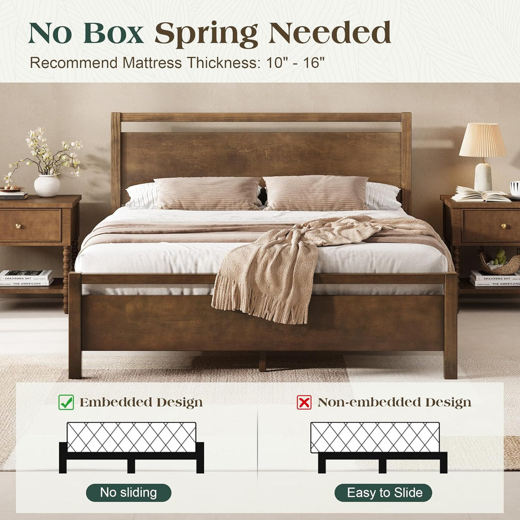 Queen Solid Wood Bed Frame with Headboard, Minimalist Platform Bed with Wooden Slats Support/No Box Spring