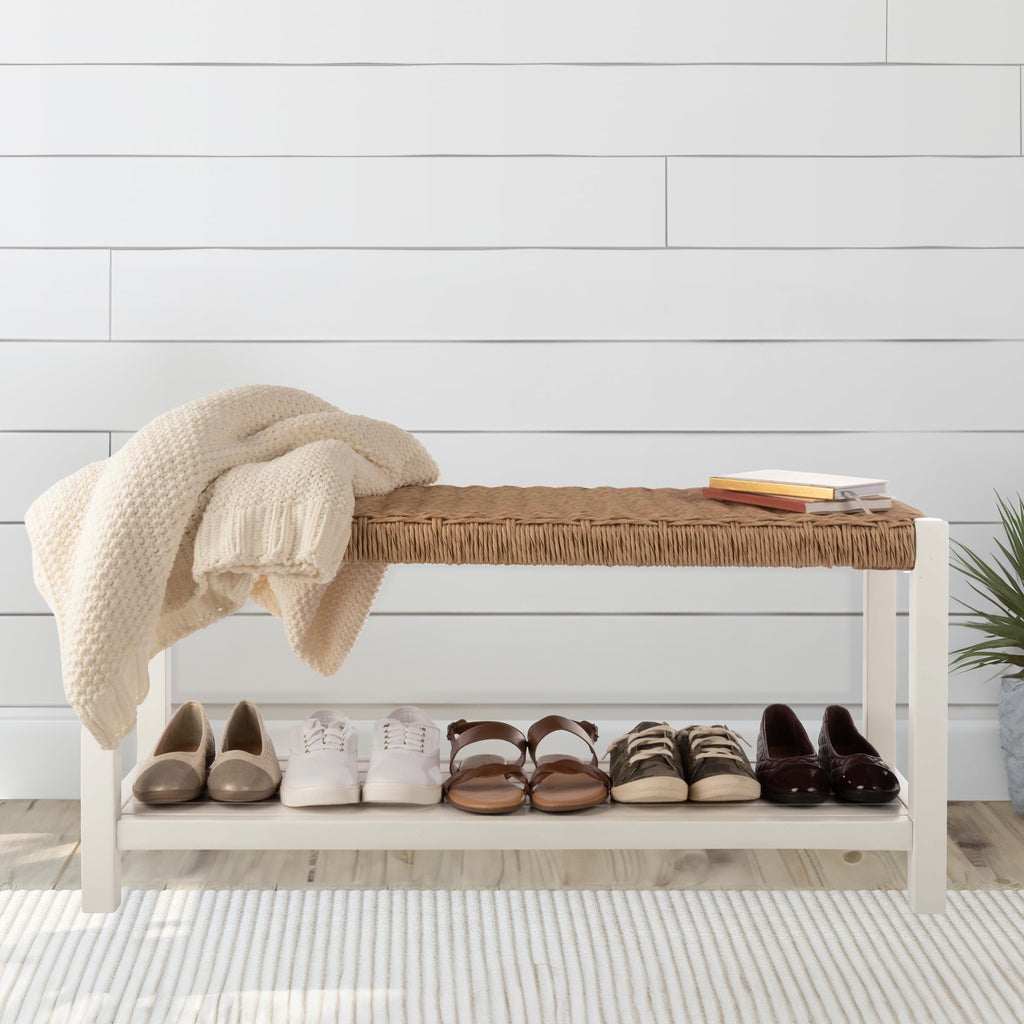 Newport Solid Wood Entryway Bench with Shoe Storage, White