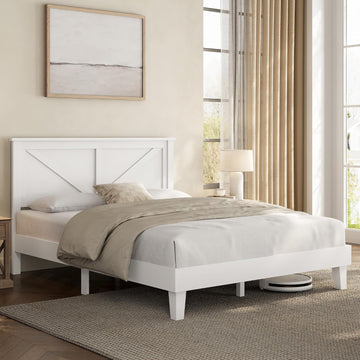 Full Bed Frame Wood Bed Platform with Headboard Solid Slat Support No Box Spring Needed Noise-Free Easy Assembly