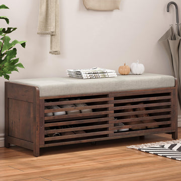 Shoe Bench with Storage and Cushion, Farmhouse Distressed Shutter Storage Bench with Retro Charm, Espresso