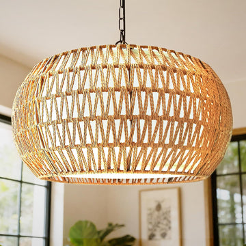 5-Lights Boho Rattan Chandelier for Dining Room, 19" Farmhouse Chandelier Light Fixtures with Fabric Shade, Large