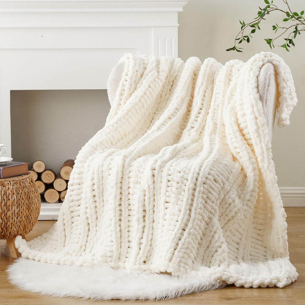 Chunky Knit Throw Blanket, Hand Made Chenille Throw Blanket, Super Soft Warm Cozy Cream White Blanket, 50"x60"