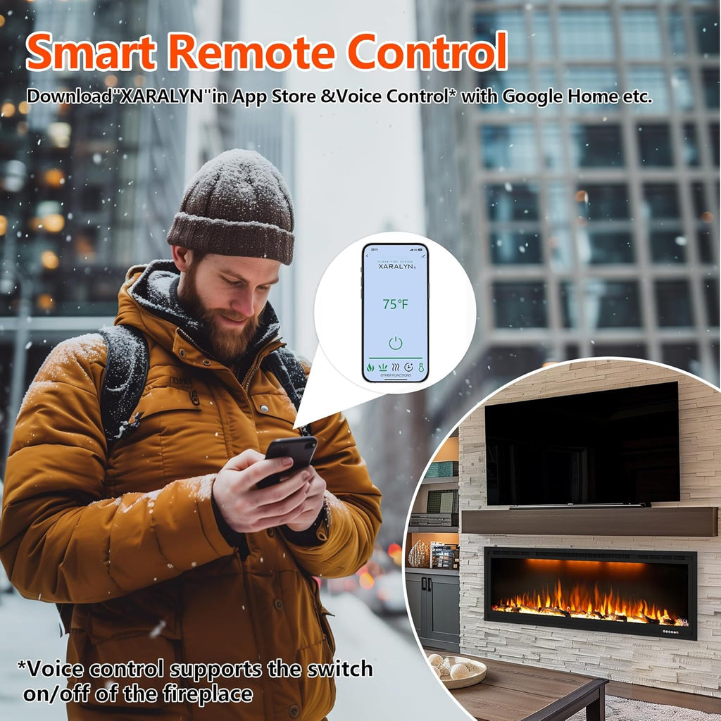 Smart 50 inch WiFi-Enabled Electric Fireplace Inserts, Wall Mount & in Wall recessed Fireplace Heater