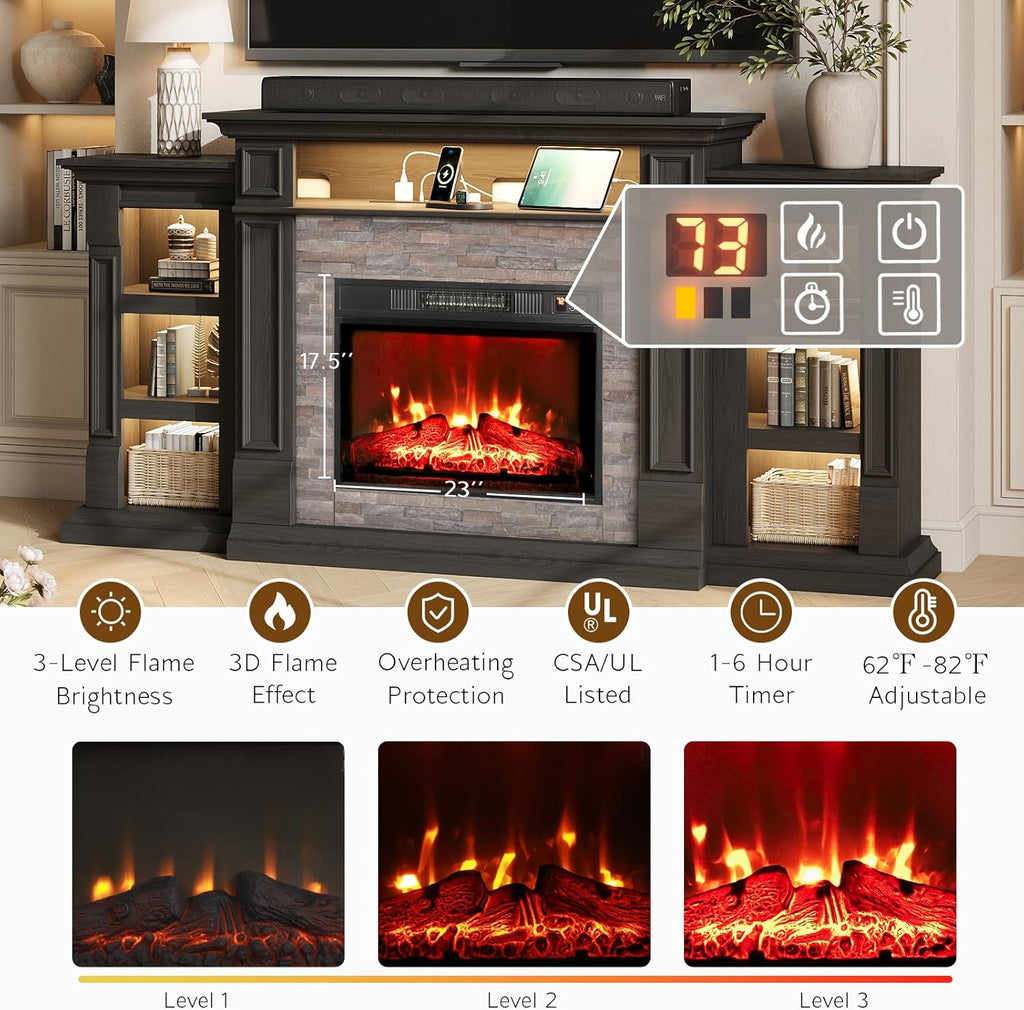 72" LED Fireplace TV Stand with Outlet, Electric Fireplace with Mantel for TVs Up to 80 Inch