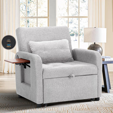 Convertible Sleeper Chair-Fabric Futon Sofa Bed, Single Sleeper Sofa, Small Couch Bed with USB Port, Foldable Table