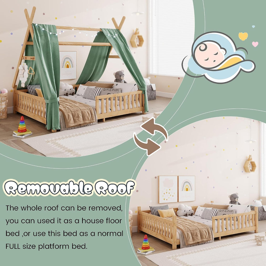 Montessori Bed Full Size with Light and Slats, Wood Teepee Floor Bed for Kids Boys Girls,House Bed Frame with Rails &