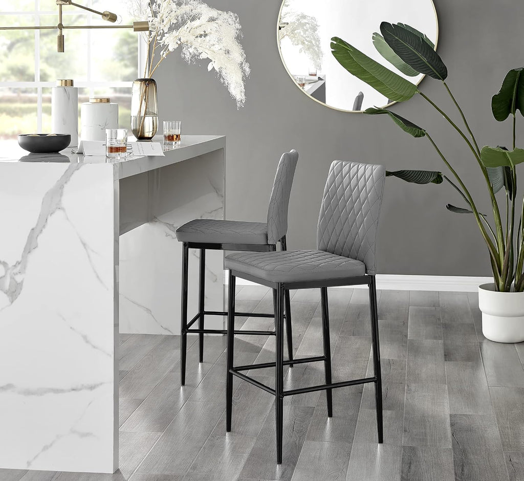 Milan Bar Stools - Contemporary Gray Soft Faux Leather Stools with Black Legs - Set of 2