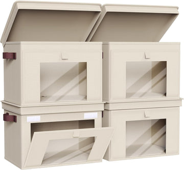 Front Opening Storage Bins with Lids for Closet, Beige, 4 Pack | Foldable Fabric Storage Cubes, Large Closet