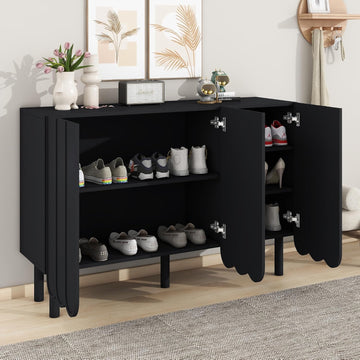 ON-Trend Cream Style Minimalist Shoe Cabinet with 5 Solid Wood Legs, Sideboard Buffet Cabinet with Adjustable