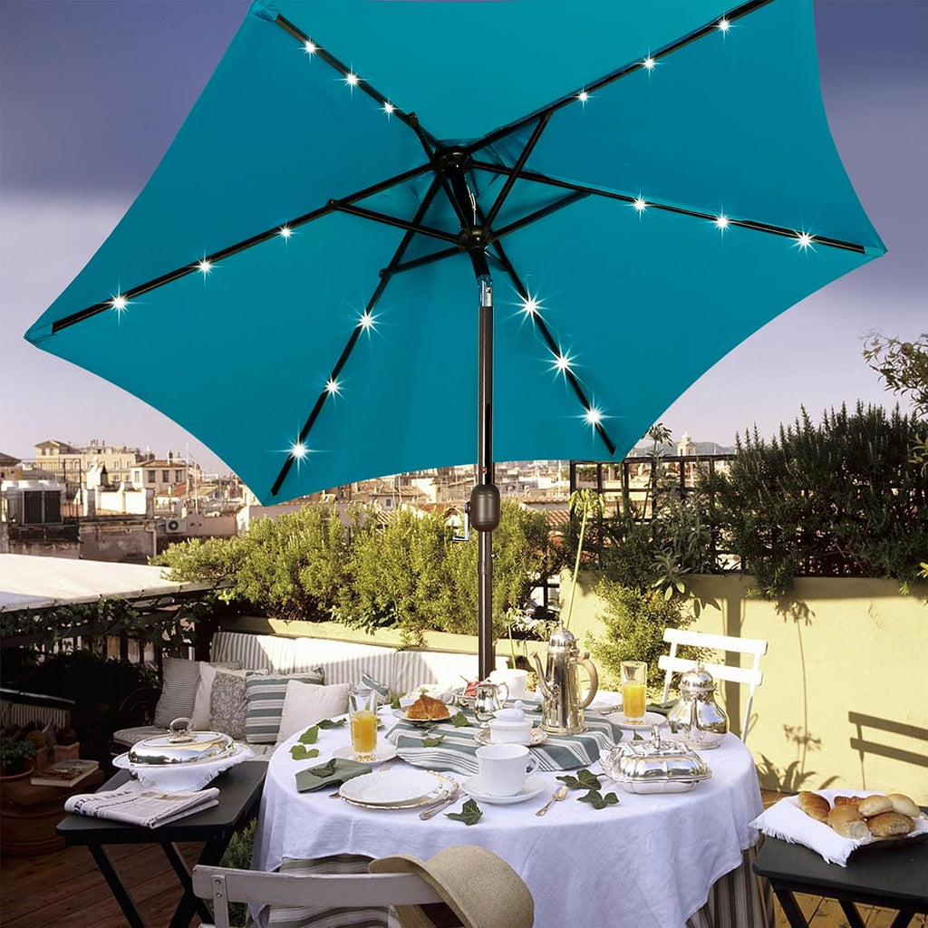 7.5 ft Solar Umbrella, 18 LED Lighted Patio Umbrella, Table Market Umbrella - Cerulean