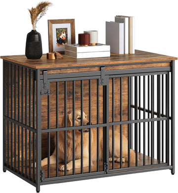 Dog Crate Furniture, 36.6" Heavy Duty Dog Kennel with Sliding Barn Door, Wooden Dog Cage Indoor