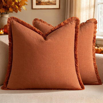 Linen Fringe Fall Throw Pillow Covers 18x18 Inch Set of 2, Rust