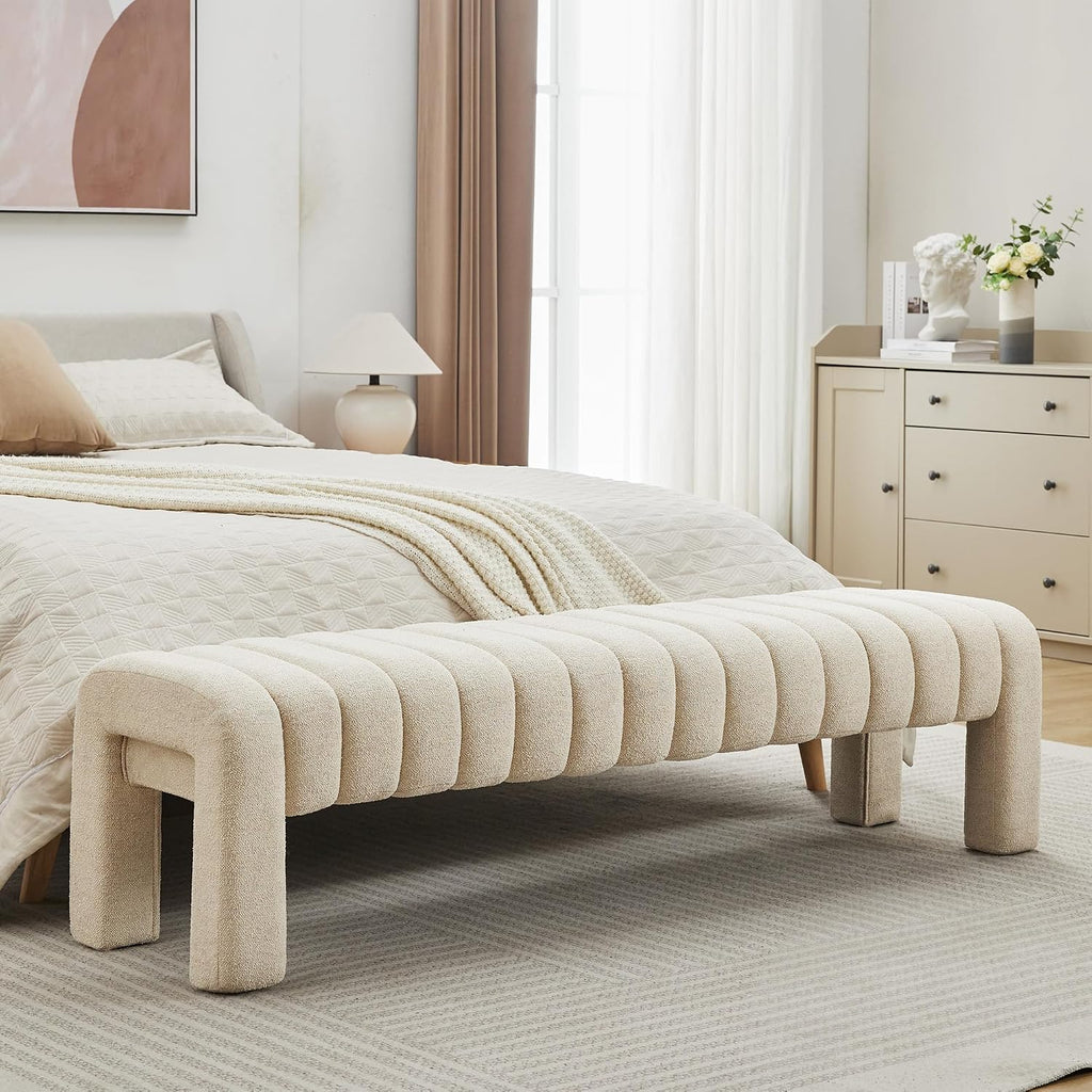 63" Bedroom Bench, Upholstered Entryway Bench, Modern End of Bed Ottoman with Solid Wood Legs and Adjustable Foot