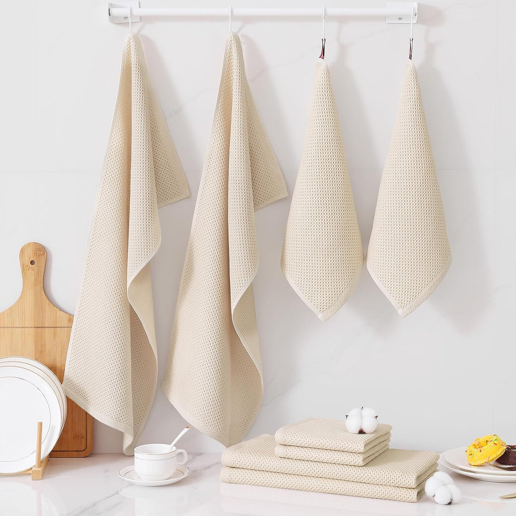8 Pack 100% Cotton Kitchen Towels and Dishcloths Set, Beige | 12 x 12 Inches and 13 x 28 Inches Kitchen Towels Set