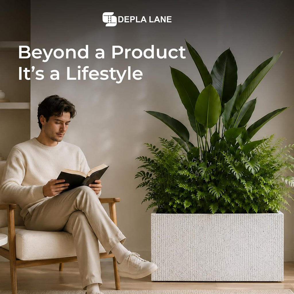Trevano Fiberstone Rectangular Planter (M, Ribbed White) | Lightweight, Durable, UV Resistant, Modern Terra Cotta
