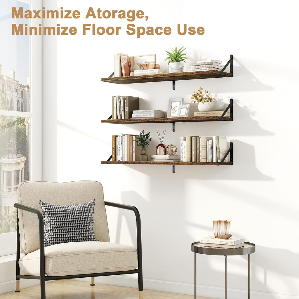 Floating Shelves for Wall, 36 Inches Long Set of 3 Wall Shelves , Floating Bookshelves with Metal Brackets  and