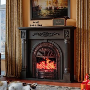 45 Inch Electric Fireplace with Mantel, Solid Wood Fireplace TV Stand, Roman Column Fireplace Entertainment Center