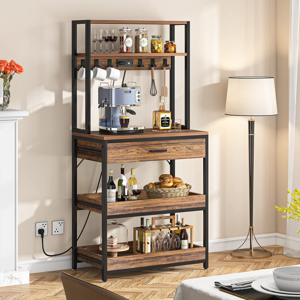 Kitchen Baker's Rack with Power Outlets, Freestanding 5-Tier Microwave Stand with Drawers & Sliding Shelves, Coffee