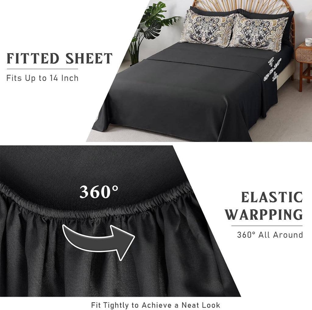 Drucon Boho Paisley Comforter Set Queen, 7 Pieces Bed in a Bag Black Gold Comforter Set