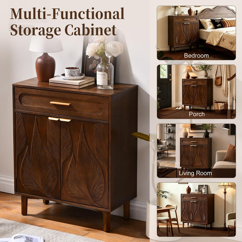 Mid Century Modern Accent Cabinet with Drawer and Carved Leaf Pattern Doors, Storage Sideboard Cabinet with