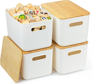 4 Packs Storage Bins with Bamboo Lids - Plastic Storage Containers with Lids Stackable Storage Box:Storages Baskets