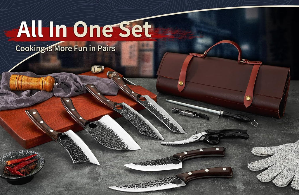 Serbian Chef Knife Set - 6 PCS Hand Forged Knife Set with Bag | Japanese ATS-34 Steel, Hand Forged Full Tang Knife