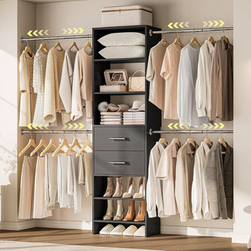 W2 Closet System with 2 Drawers, 3.5FT-7.7FT Closet Organizer System with 4 Chrome-Plated Telescopic Rods & 5