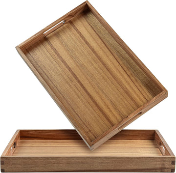 17-Inch Acacia Wood Serving Trays with Handles, Set of 2 - Decorative Wooden Trays for Coffee Table, Ottoman, Living