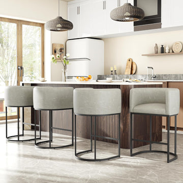 26" H Counter Height Bar Stools Set of 4, Modern Barrel Counter Stools with Backrest and Arms, Faux Leather