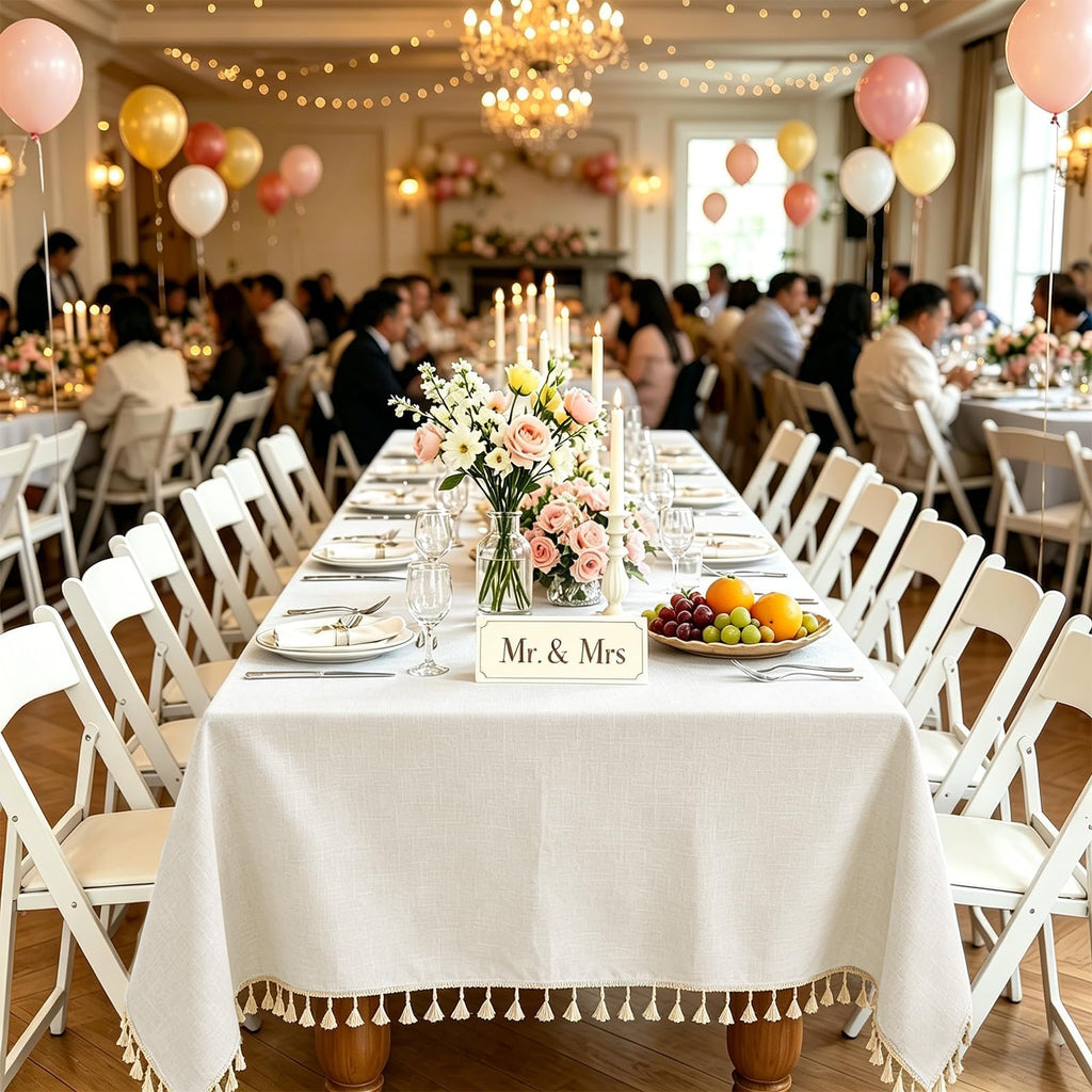 Ivory Tablecloth Rectangle Linen Cotton Texture, Waterproof Heavy Duty Farmhouse Wrinkle Free Table Cloth with Tassel