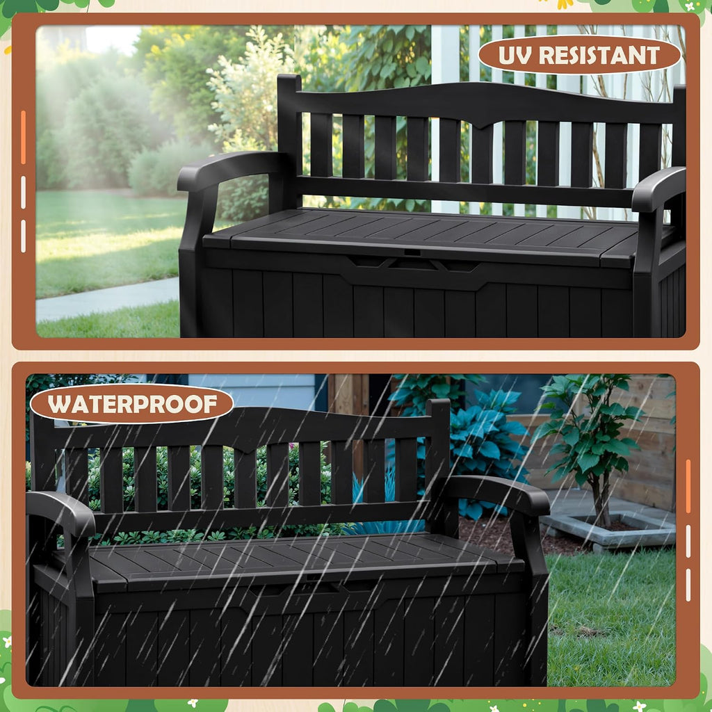 80 Gallon Resin Outdoor Storage Bench Waterproof | Large Deck Box with Armrest, Lockable&Waterproof for Garden, Home