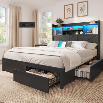Queen Bed Frame with 6 Storage Drawers, Farmhouse Bed Frame Queen with Bookcase Headboard, LED Lights & Charging