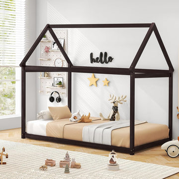 Twin Montessori Bed Frame with House Roof Canopy, Low Floor Bed with Sturdy Wood Slat Support, No Box Spring Needed
