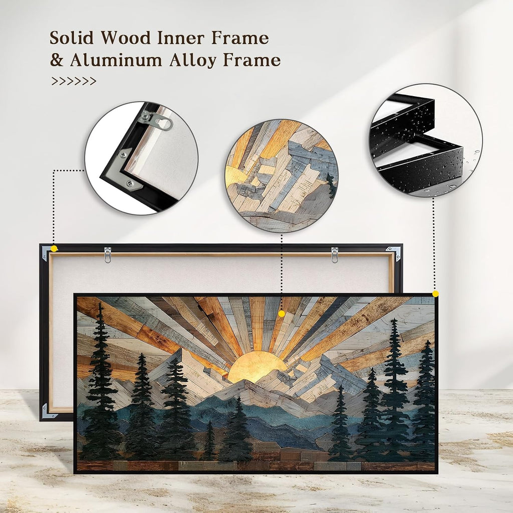 Boho Mountain Framed Wall Art Sunrise Pine Tree Forest Nature Scenery Painting Pictures Farmhouse Wall Decor Rustic