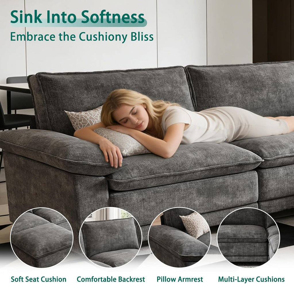Modern L Shaped Sofa Couches , Modular Sectional Cloud Couch with Movable Ottoman, Comfy Chenille Sofa , Dark Gray