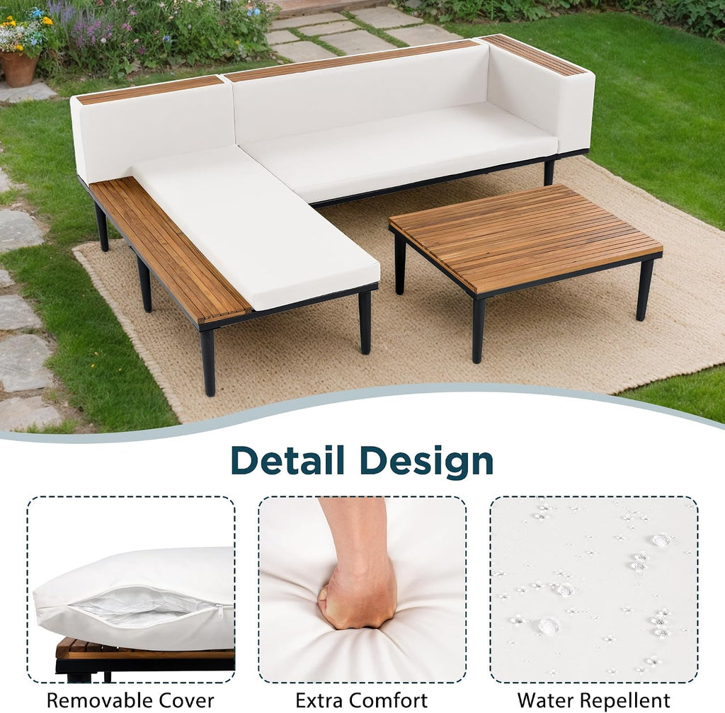 Acacia Wood Outdoor Sectional Sofa Set - Luxury L-Shaped Patio Furniture with Removable Cushions, Coffee Table & Side