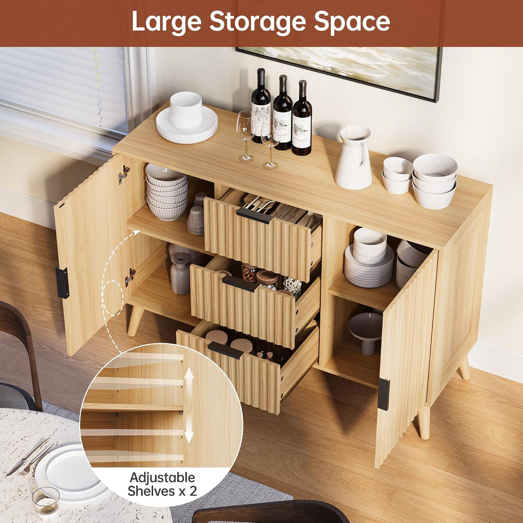 47.2" Fluted Sideboard Buffet Cabinet with 3 Drawers, Modern Sideboard Cabinet with Storage, Large Storage Cabinets
