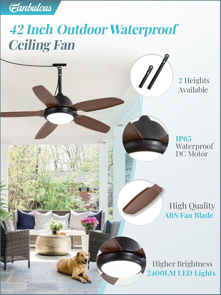 42 Inch Wet Rated Outdoor Ceiling Fan with Lights and Remote,IP65 Hanging Gazebo Fan with 3CCT 6-Speed DC Motor,Brown Waterproof Plug in Ceiling Fan with Cord for Patios Porch Pergola Pavilion