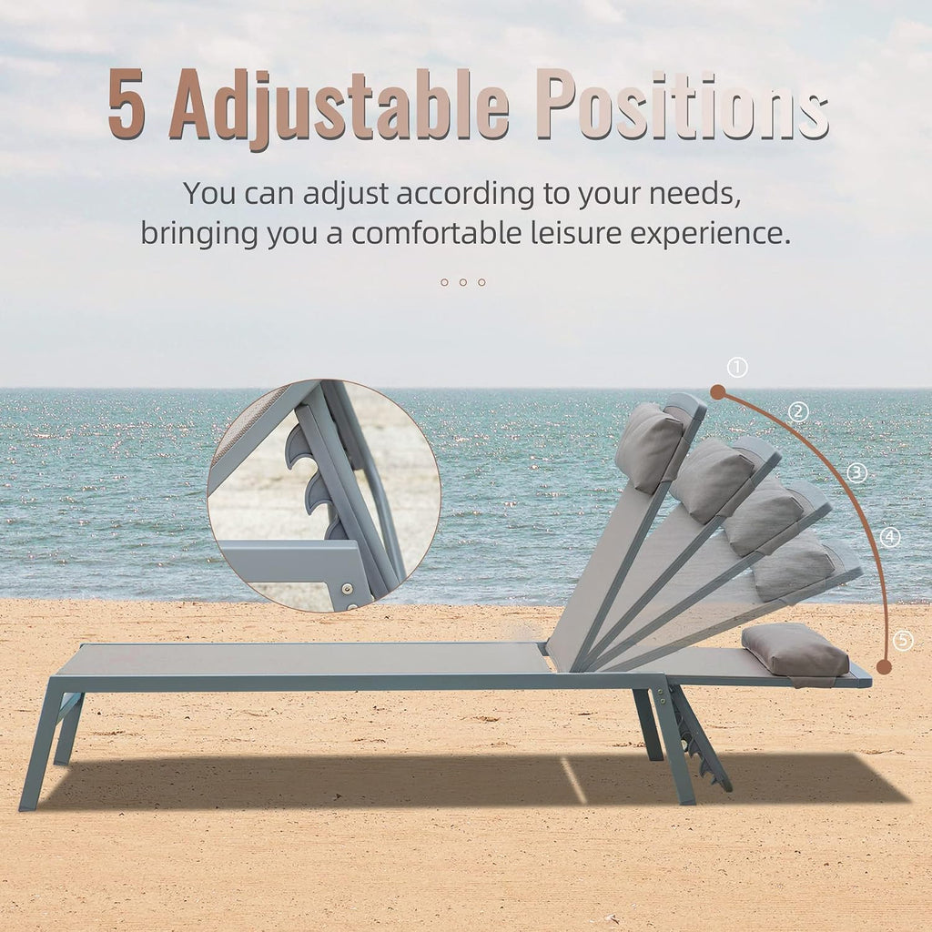Patio Chaise Lounge Set of 3, Aluminum Lounge Chairs with 5 Adjustable Positions, Outdoor Chaise Lounge, Khaki
