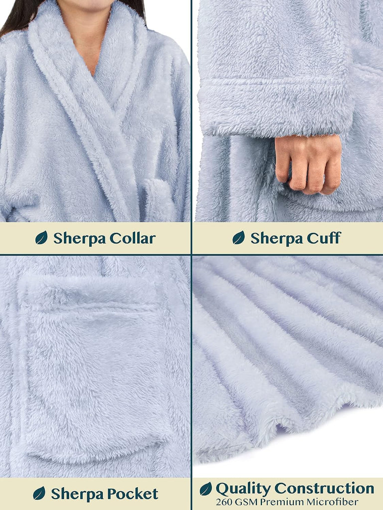Premium Womens Plush Soft Robe Fluffy, Warm, Fleece Sherpa Shaggy Bathrobe