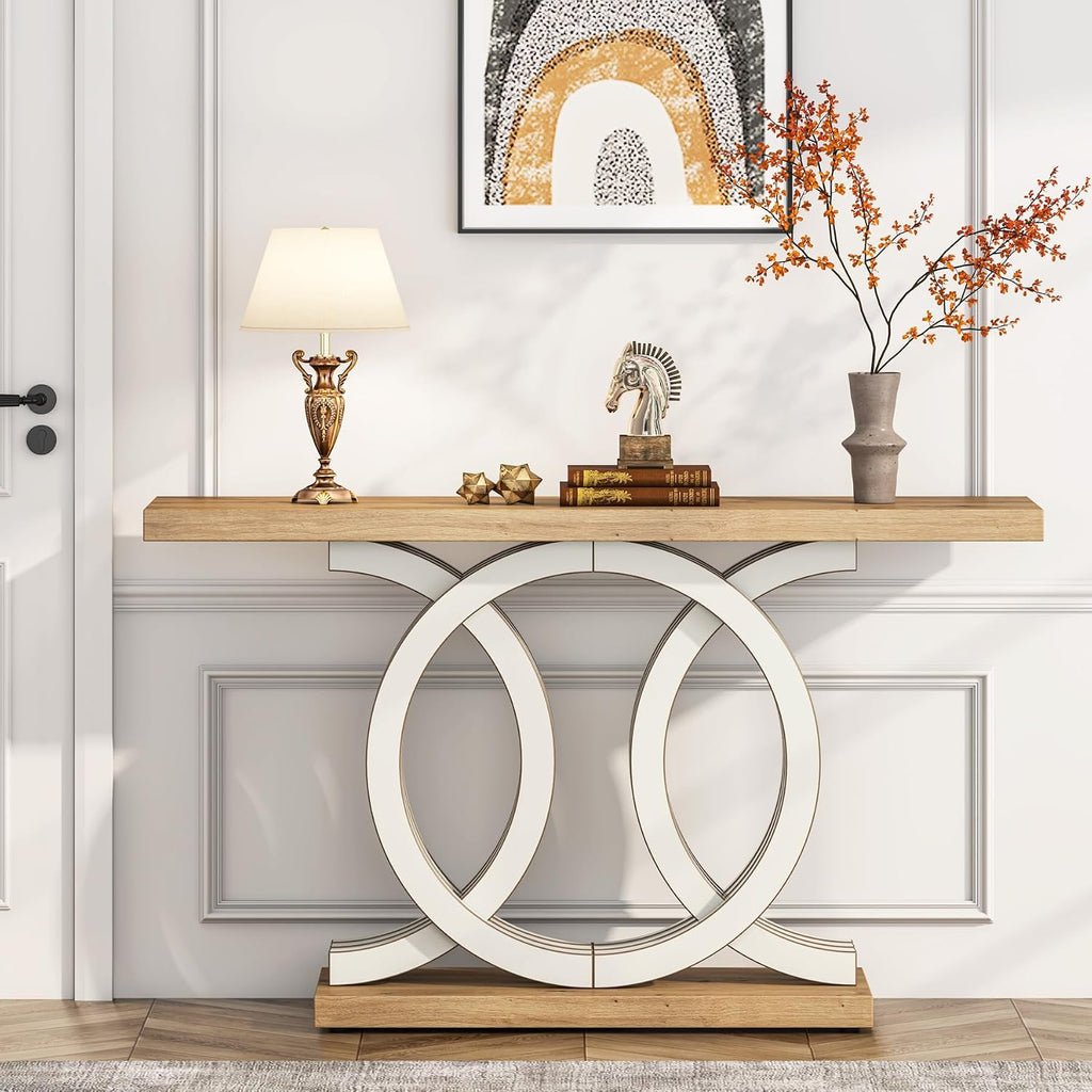 55 in Console Table with Geometric Base, Modern Hallway Table, Wooden Entryway Table, Foyer Sofa Table, Unique Long