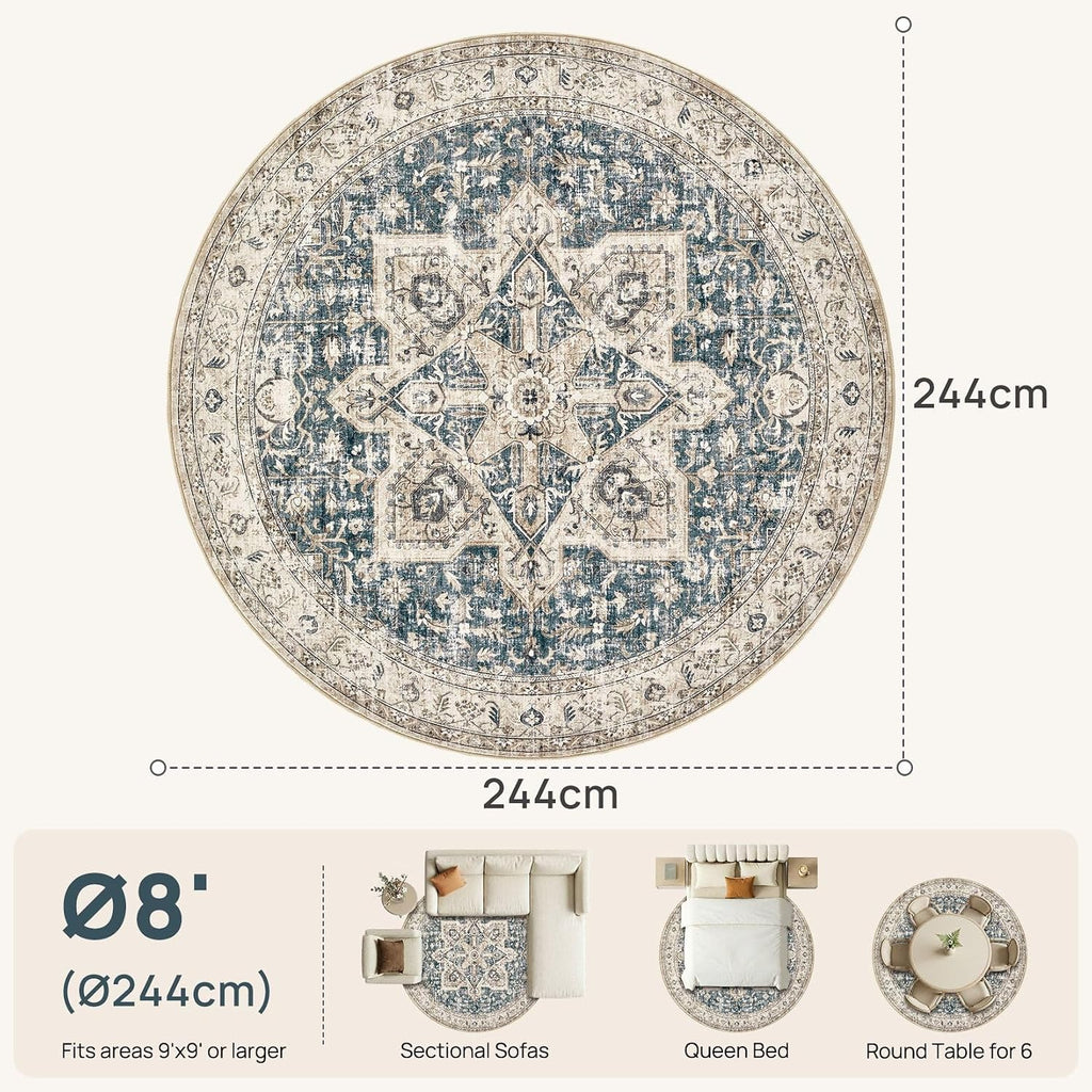 Area Rug 8ft Round Living Room Rug Washable Soft Cream/Blue