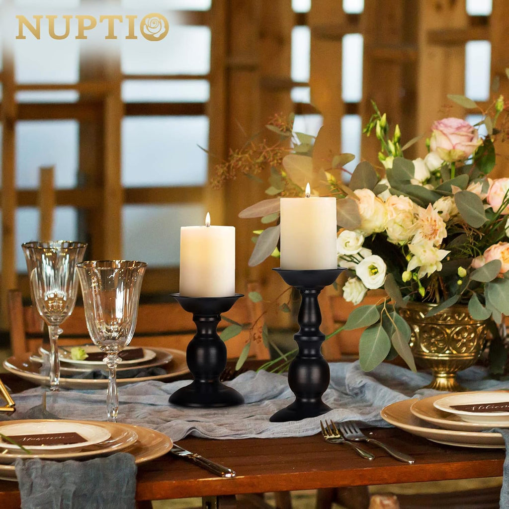 Black Candle Holder for Pillars: Rustic Metal Candle Stands Set | Tall Retro Farmhouse Candleholder 2 Pcs (S + L) for