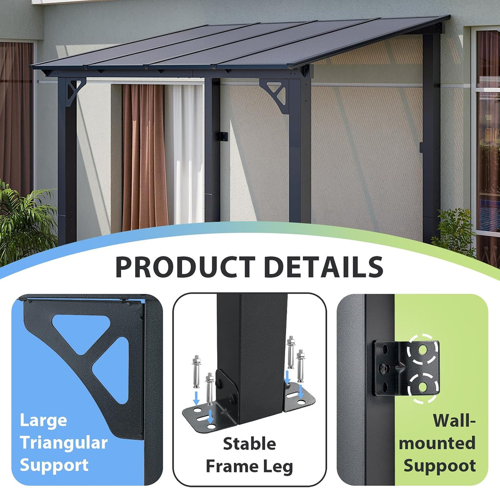 8’x 5’ Premium Gazebo with Aluminum Top Frame & Polycarbonate Panel, Wall Mounted Gazebos Pergola