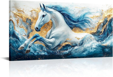 Abstract Horse Wall Art Modern Blue and Gold Sea Wave Animal Picture Wall Decor Canvas Prints Ocean Horse Painting