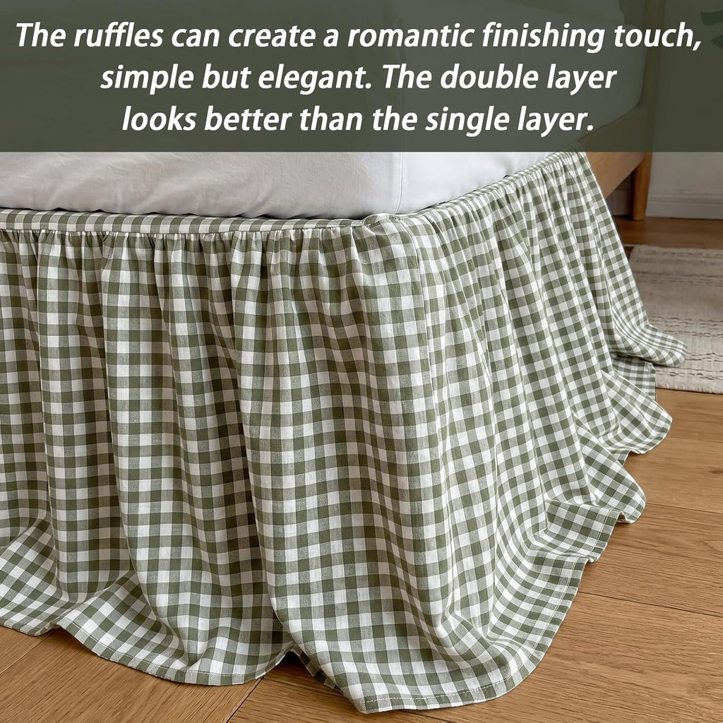 Sage Green Gingham Bed Skirt Queen Size 16" Drop Vintage Plaid Bed Skirt Farmhouse Cottage Pleated Frame Cover Cotton